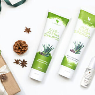 Forever Julegave Ide, Hårpleje produkter. Aloe Jojoba Shampoo, Aloe Jojoba Conditioner og Nourishing Hair Oil.